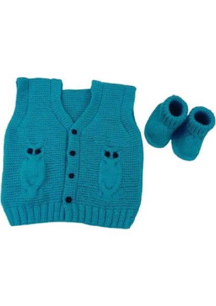 Baykuş Modeli Örgü Mavi Renk Bebek Yeleği ve Patiği