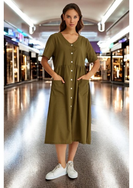 Beli Büzgülü V Yaka Keten Elbise