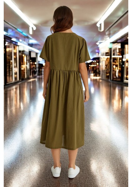 Beli Büzgülü V Yaka Keten Elbise