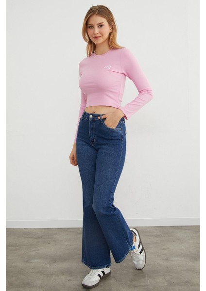 Fiyonk Nakışlı Likralı Crop Body