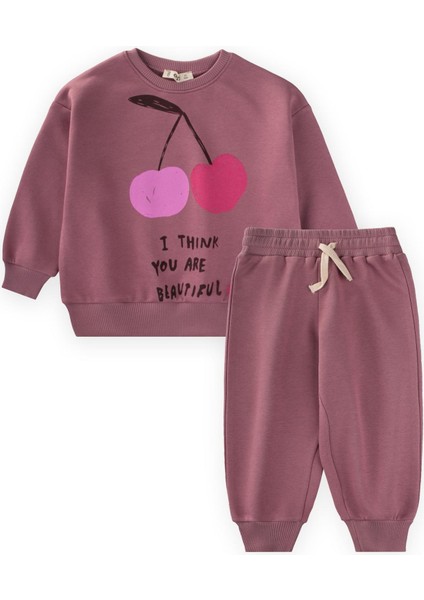 Kiraz Baskılı Sweatshirt Takım 2-10 Yaş Gül Kurusu