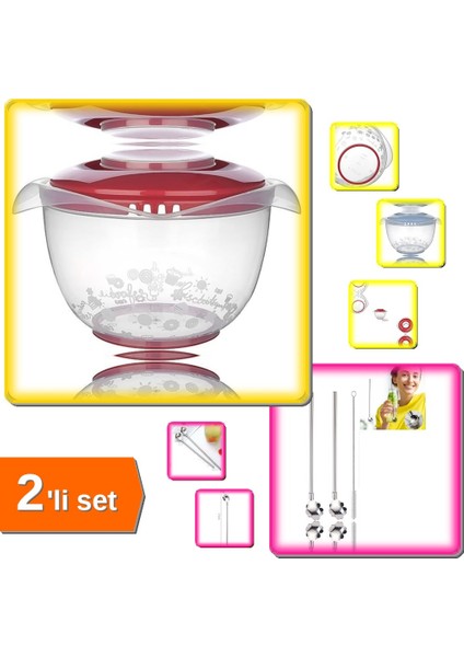 Mikser Kabı 3 Lt Özel Kapaklı Sıçratmayan + Paslanmaz Metal 2 Adet Kaşıklı Pipet - 2li Set DK73LQ