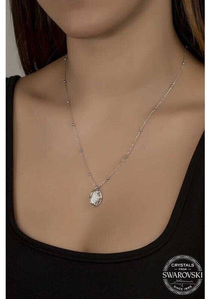 Ucarticaret Swarovski Crystal Taşlı Top Zincir Oval Gümüş Kadın Kolye