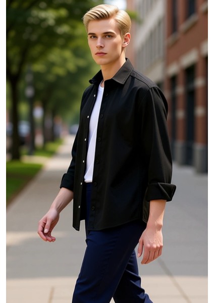 Erkek Süet Dokulu Düz Renk Uzun Kollu Gömlek Gündelik Şıklık Sunan Modern Tasarım Kaliteli