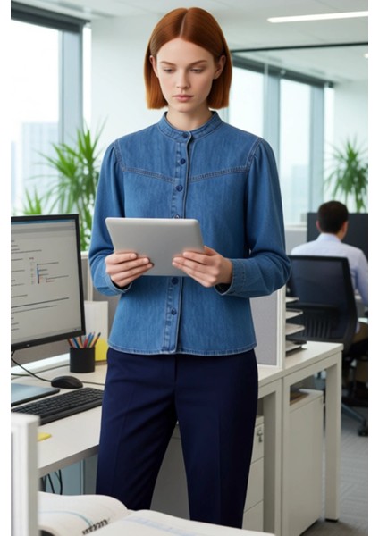 Kadın Düz Desen Denim Gömlek Hakim Yaka Detaylı Uzun Kollu Konforlu Günlük Giyim Dayanıklı fırsatları