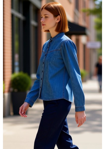Kadın Düz Desen Denim Gömlek Hakim Yaka Detaylı Uzun Kollu Konforlu Günlük Giyim Dayanıklı indirimleri