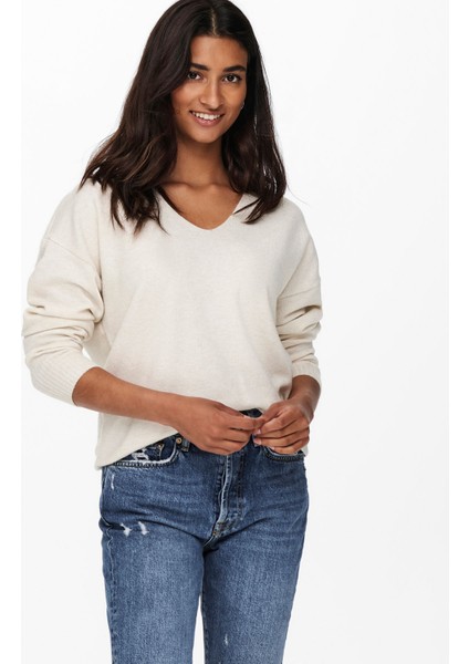 V Yaka Normal Düz Krem Kazak Kadın Onlrıca Lıfe L/s V-Neck Pullo Knt N fiyatları
