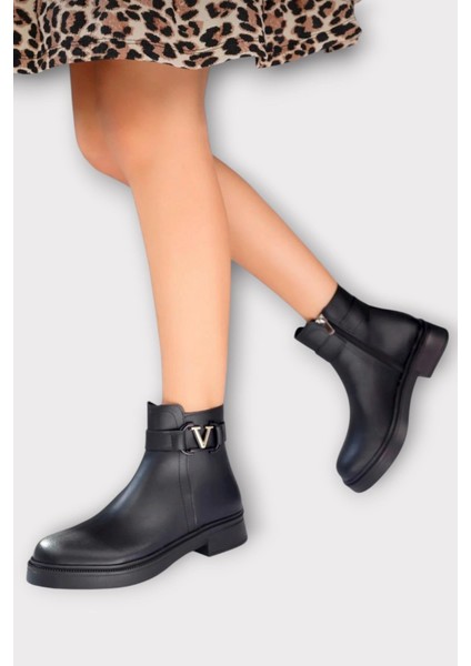 Kısa Topuklu Fermuarlı Kadın Bot Siyah - Altın fiyatları