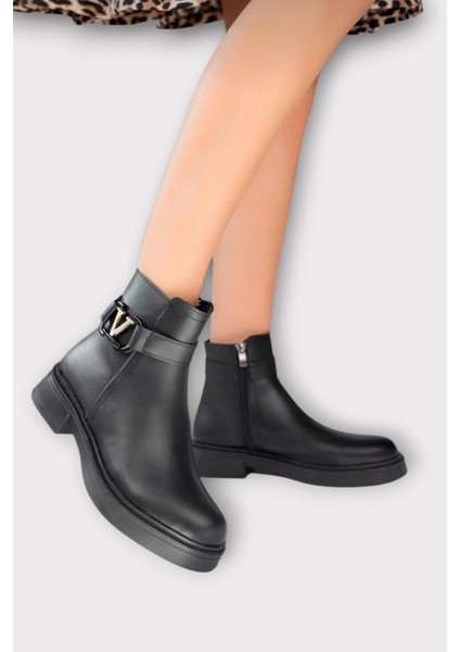 Kısa Topuklu Fermuarlı Kadın Bot Siyah - Altın modelleri