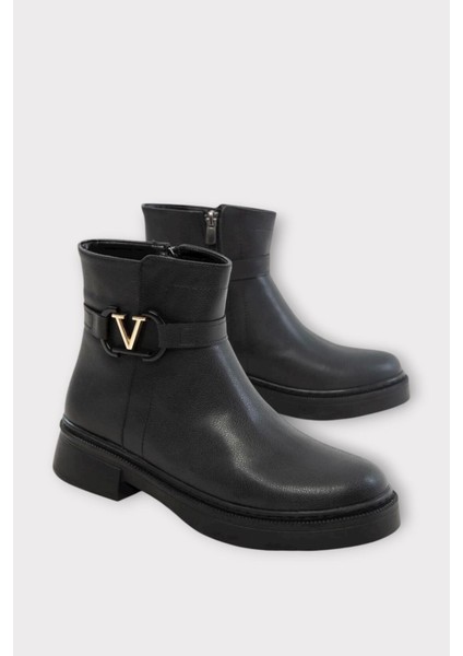 Kısa Topuklu Fermuarlı Kadın Bot Siyah - Altın indirimleri