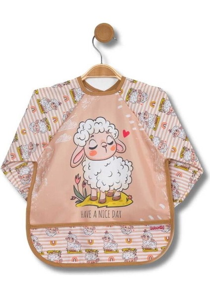 202506 Bebek Kuzu Desenli Cepli Uzun Kollu Giydirmeli Mama Önlüğü