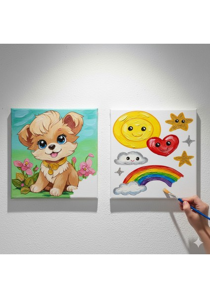 TATİL-KARNE HEDİYESİ 2'li Tuval Boyama Seti 20X20 cm Uv Baskı 6 Akrilik Boya 1 FIRÇA-MODEL-283