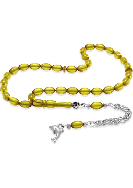 Ateş Kehribar Tesbih - Kararmaz Metal Püsküllü - Mini Boy - Sarı Renk - Arpa Kesim