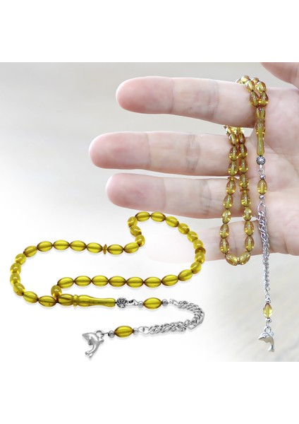 Ateş Kehribar Tesbih - Kararmaz Metal Püsküllü - Mini Boy - Sarı Renk - Arpa Kesim fiyatları