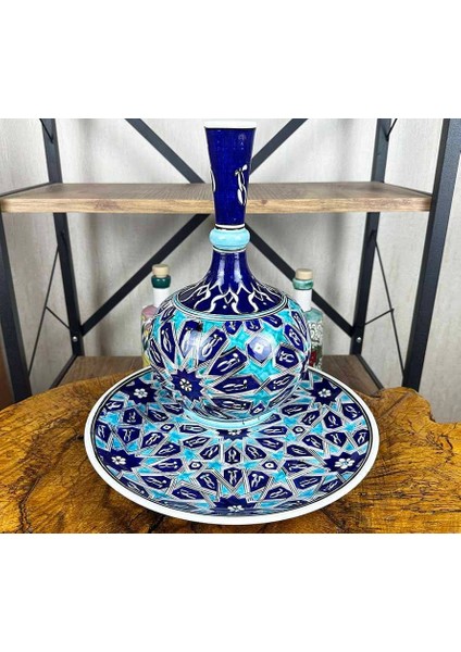 Vip Hediye Selçuklu Yıldızı Motifli Iznik Çini Vazo ve Tabak Seti