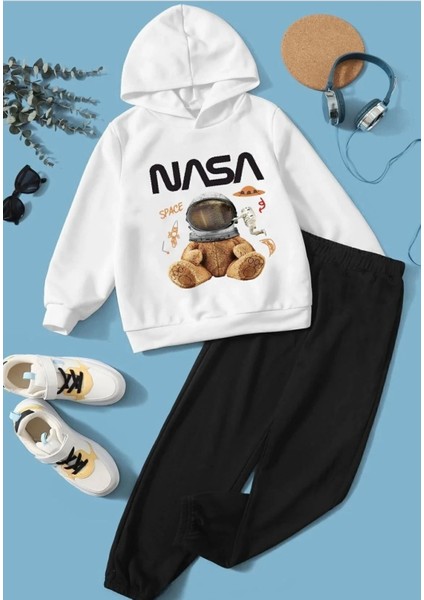 Punıx Kıds Özel Üretim %100 Pamuk Nasa Minik Astronot Baskılı Kapüşonlu Kışlık Erkek Çocuk Eşofman Takımı
