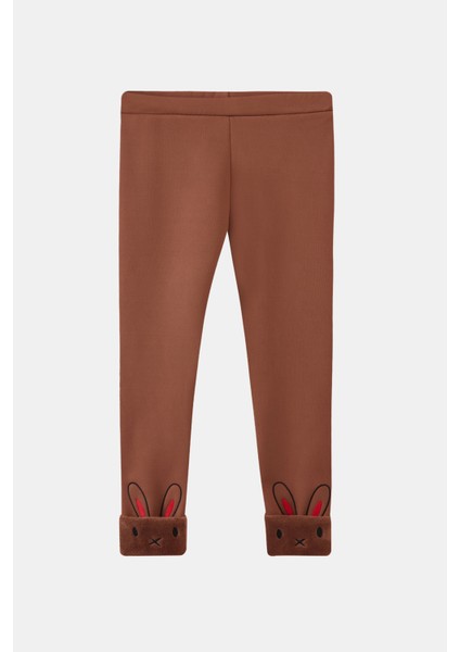 Kahverengi Kız Çocuk Içi Peluş Kulaklı Tavşan Nakışlı Extra Kalın Kışlık Tayt