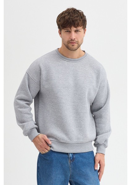 Gri Bisiklet Yaka Erkek Oversize Sweatshirt Pamuklu Basic 3 Iplik Şardonlu
