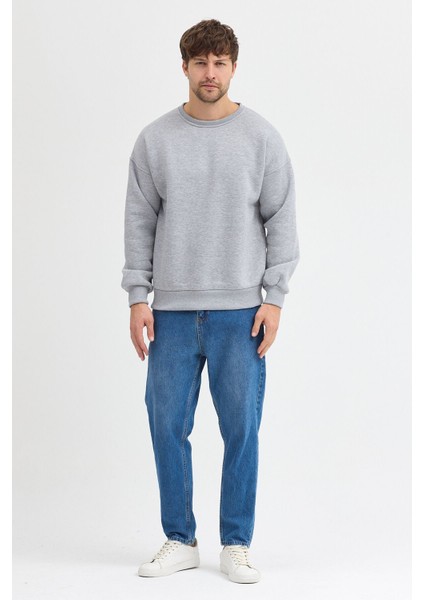 Gri Bisiklet Yaka Erkek Oversize Sweatshirt Pamuklu Basic 3 Iplik Şardonlu fiyatları