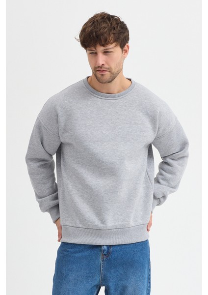 Gri Bisiklet Yaka Erkek Oversize Sweatshirt Pamuklu Basic 3 Iplik Şardonlu modelleri