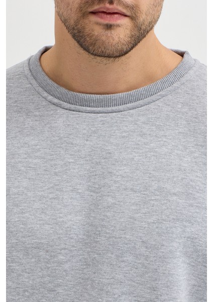 Gri Bisiklet Yaka Erkek Oversize Sweatshirt Pamuklu Basic 3 Iplik Şardonlu indirimleri