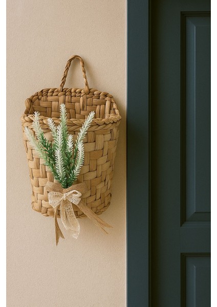 Dekoratif Duvar Süsü 10X15 cm Hasır Sepet Lavanta ve Fiyonk Kurdele Detaylı Hediyelik