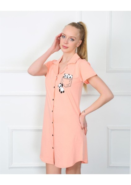 Modaserdem Kadın Penye Önden Düğmeli Pembe Tunik Gecelik 1032