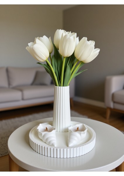 Modern Soft Dekor Seti – 4’lü Beyaz Vazo ve Mumluk Takımı (Tepsili) fiyatları