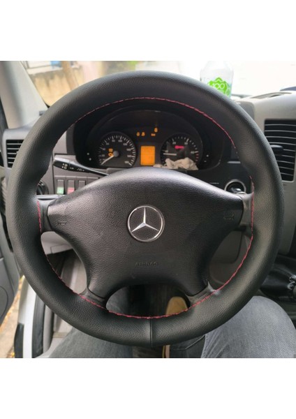 Dikişli Direksiyon Kılıfı Siyah Deri Kırmızı Dikişli