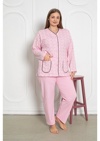 %100 Pamuklu Uzun Kollu Boydan Düğmeli Büyük Beden Kadın Pijama Takımı 206