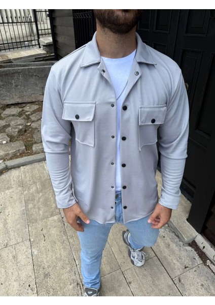 Erkek Diagonal Kumaş Cepli Çıtçıtlı Uzun Kollu, Gömlek Oversize Rahat Kalıp Günlük Şık Stil - Gri fiyatları