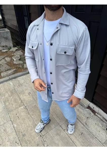Erkek Diagonal Kumaş Cepli Çıtçıtlı Uzun Kollu, Gömlek Oversize Rahat Kalıp Günlük Şık Stil - Gri fırsatları