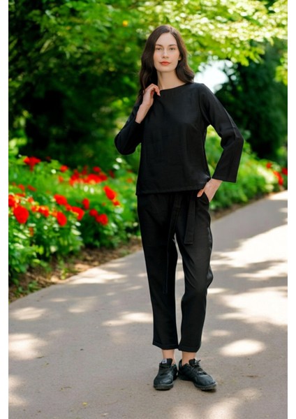 Yazlık Beli Kemerli Alt Üst Şık Keten Takım