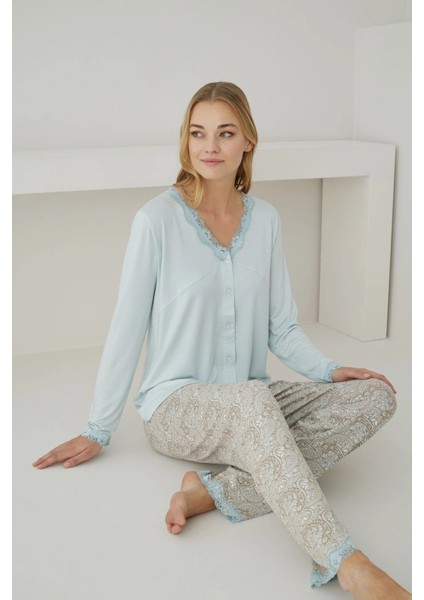 Kadın Önden Düğmeli Dantel Yaka Ring Viskon Su Yeşili Pijama Takımı fiyatları