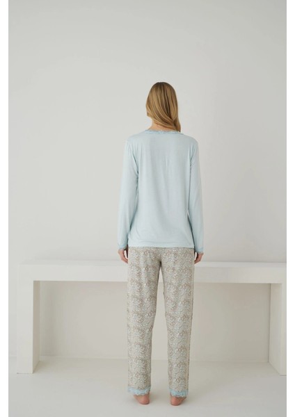 Kadın Önden Düğmeli Dantel Yaka Ring Viskon Su Yeşili Pijama Takımı modelleri