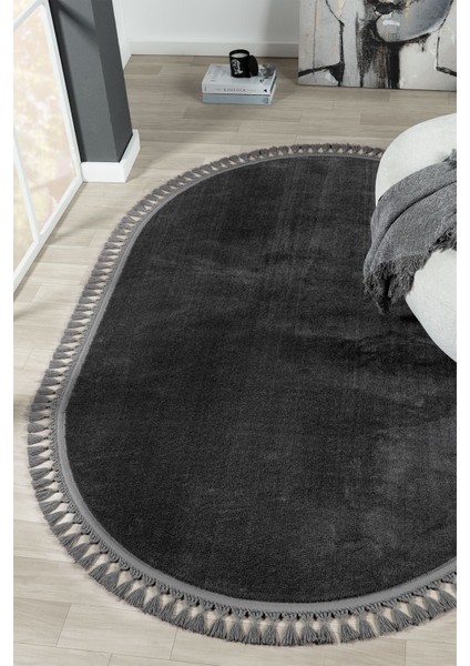 Cloudy Antrasit Oval Örgü Saçaklı Peluş Yumuşacık Yıkanabilir Kaymaz Taban Halı Salon Oturma Odası