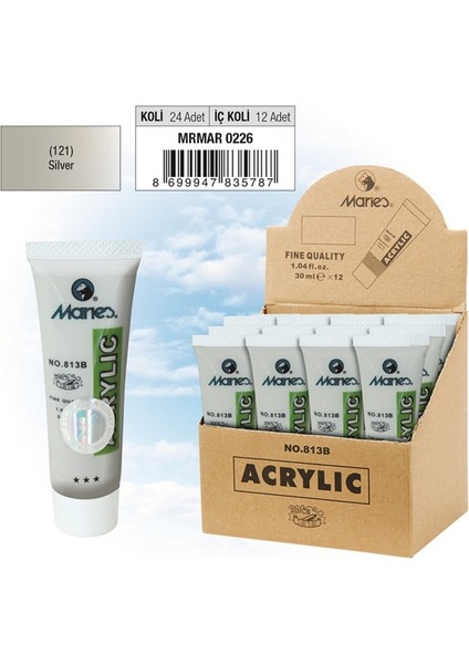 Maries Akrilik Boya 30 ml Silver 121 (12 Adet) 813B fiyatları