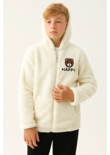Erkek Çocuk Hırka Welsoft Happy Yazılı Sıcak Tutan Hırka Beyaz 8-12 Yaş