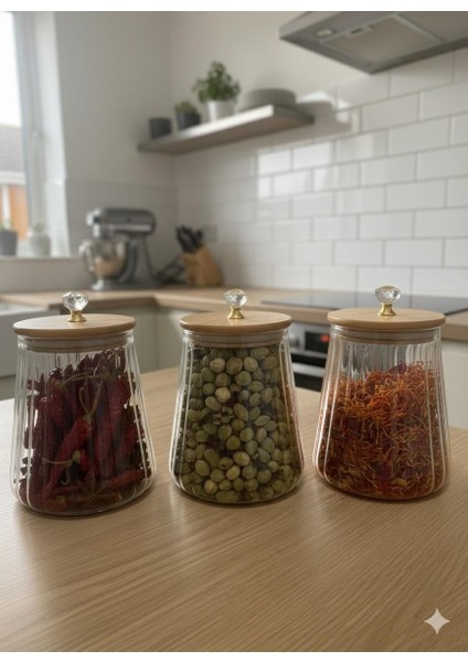 Borosilikat Cam Kristal Figürlü Şık Çizgili chef Prime cam Kavanoz mutfak Seti 3 adet 750 ml