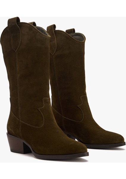 Kadın Süet Deri Uzun Western Kovboy Çizme – Topuklu Deri Çizme