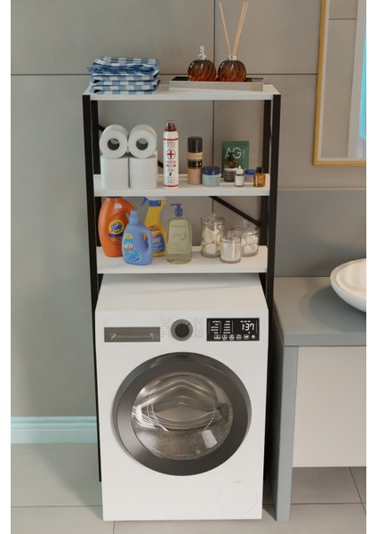 Çamaşır Makinesi Üstü Banyo Rafı – 3 Katlı Metal Gövdeli Düzenleyici, Depolama ve Çok Amaçlı Dolap Bany