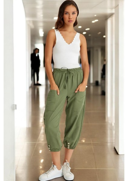 Beli Lastikli Düğme Detaylı Keten Pantolon