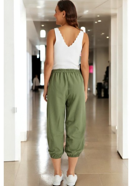 Beli Lastikli Düğme Detaylı Keten Pantolon
