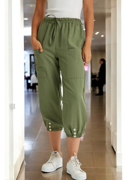 Beli Lastikli Düğme Detaylı Keten Pantolon