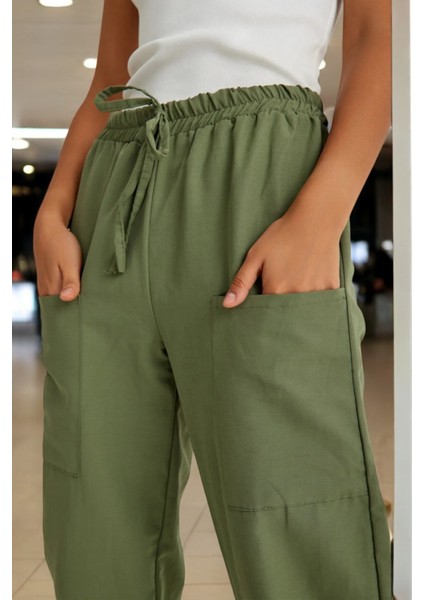 Beli Lastikli Düğme Detaylı Keten Pantolon