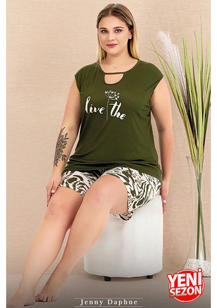 Lady Büyük Beden Desenli Yeşil Kolsuz Ip Yaka Baskılı Şortlu Pijama Takımı