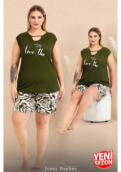 Lady Büyük Beden Desenli Yeşil Kolsuz Ip Yaka Baskılı Şortlu Pijama Takımı fiyatları