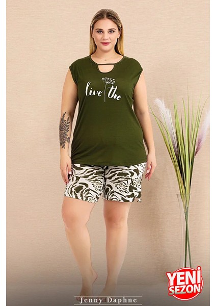 Lady Büyük Beden Desenli Yeşil Kolsuz Ip Yaka Baskılı Şortlu Pijama Takımı modelleri