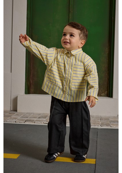 Çizgili Kanguru Cepli Gömlek Sarı