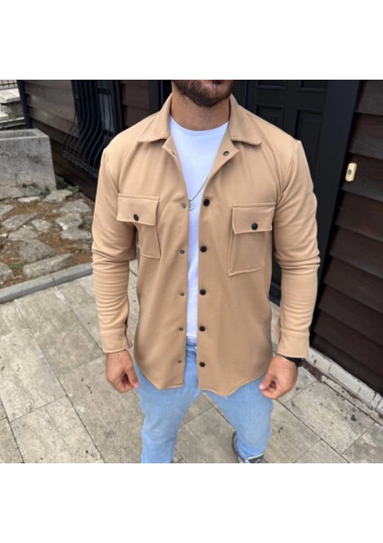 Erkek Diagonal Kumaş Cepli Çıtçıtlı Uzun Kollu, Gömlek Oversize Rahat Kalıp Günlük Şık Stil - Bej fiyatları